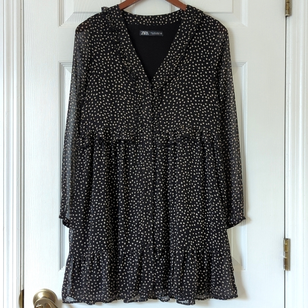 Zara Speckled Ruffled Trim V-neck Long Sleeve Button Down Mini Dress Black Small